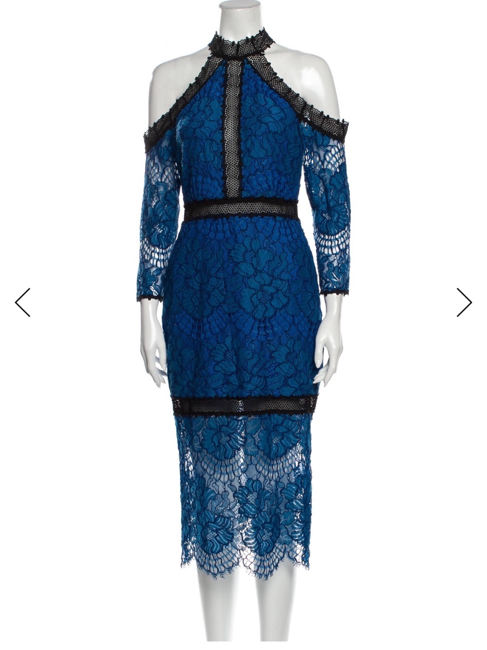 Alexis Royal Blue Lace Cold-Shoulder Midi Dress with Black Trim